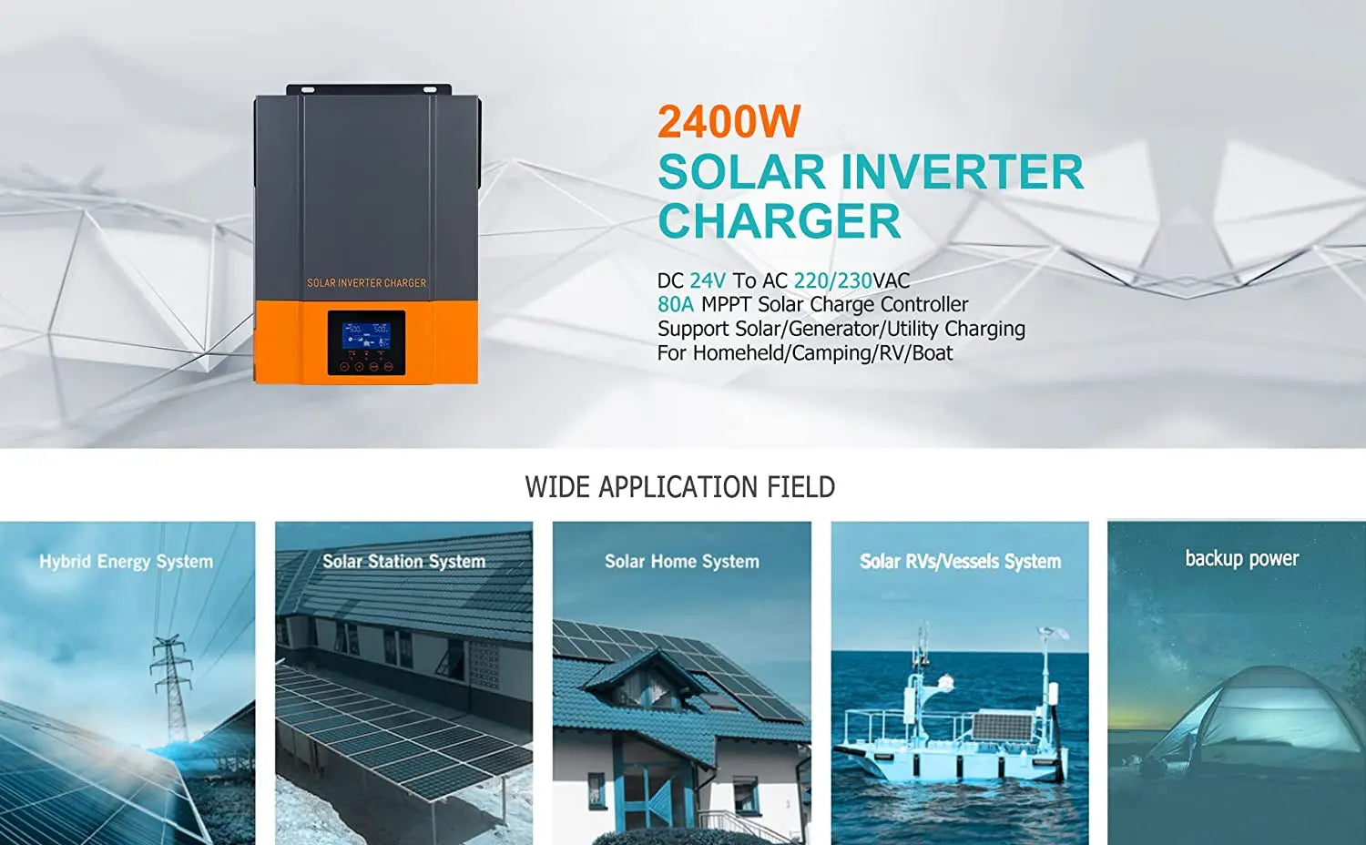 PowMr Hybrid Solar Inverter: converts DC power to AC power, suitable for homes, camping, RVs, and boats.
