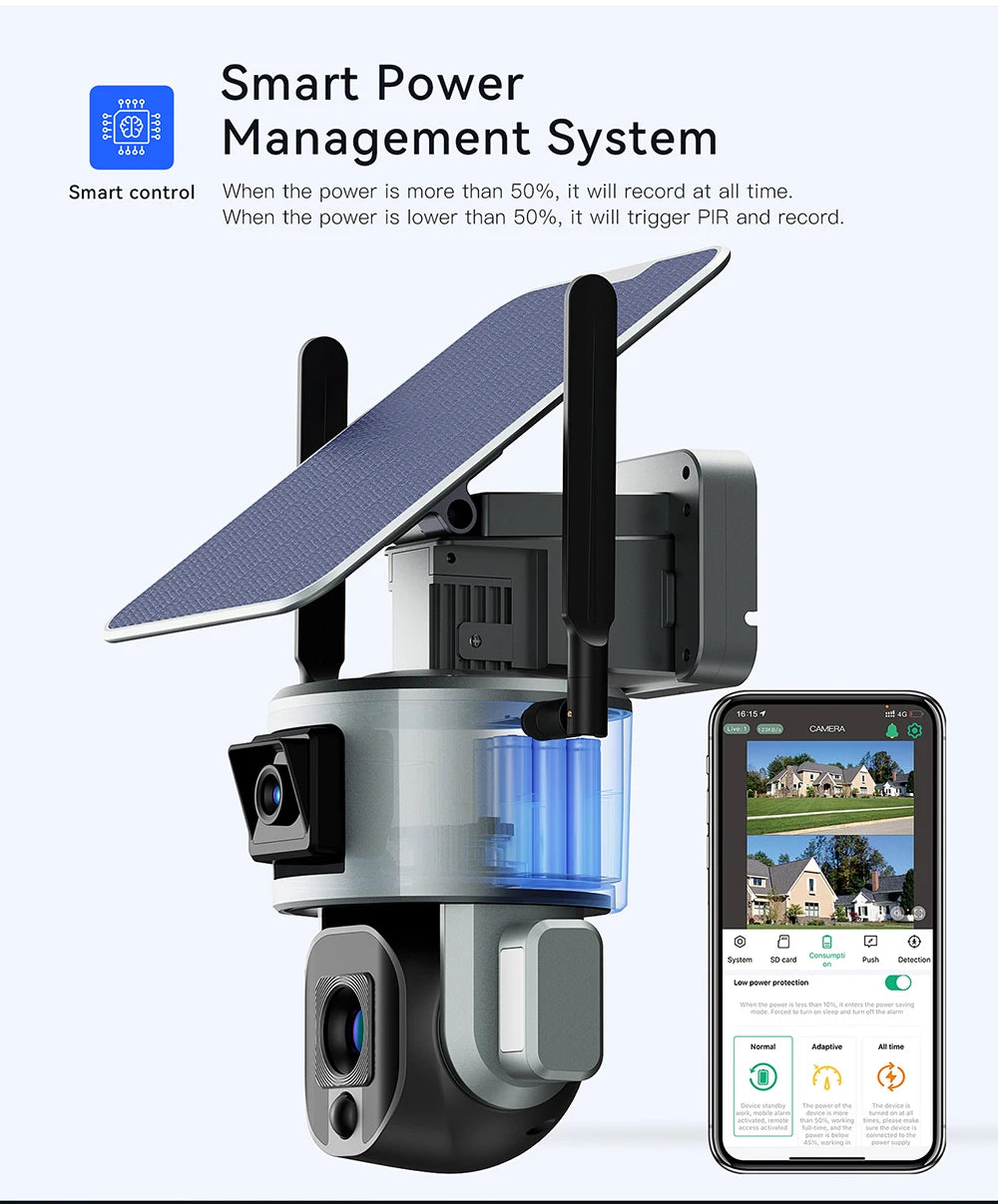 PEGATAH 8MP 4G Wireless Solar Camera, Intelligent power management system with auto-recording above 50% battery level, and motion detection below 50%