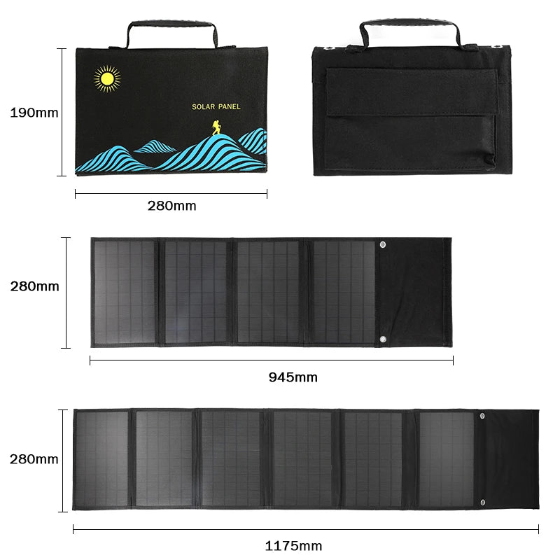 100W Solar Panel, Solar-powered charger for outdoor use, converts sunlight to energy.