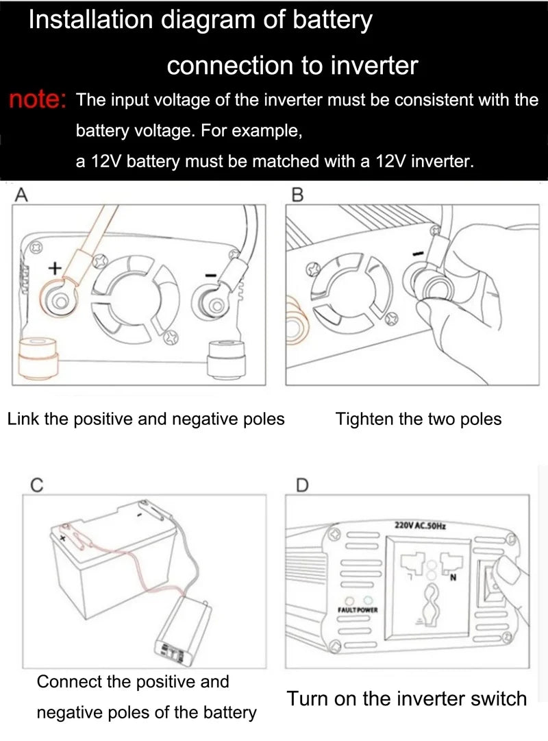 Connect 12V battery to matching 12V inverter, secure terminals, and turn on switch.