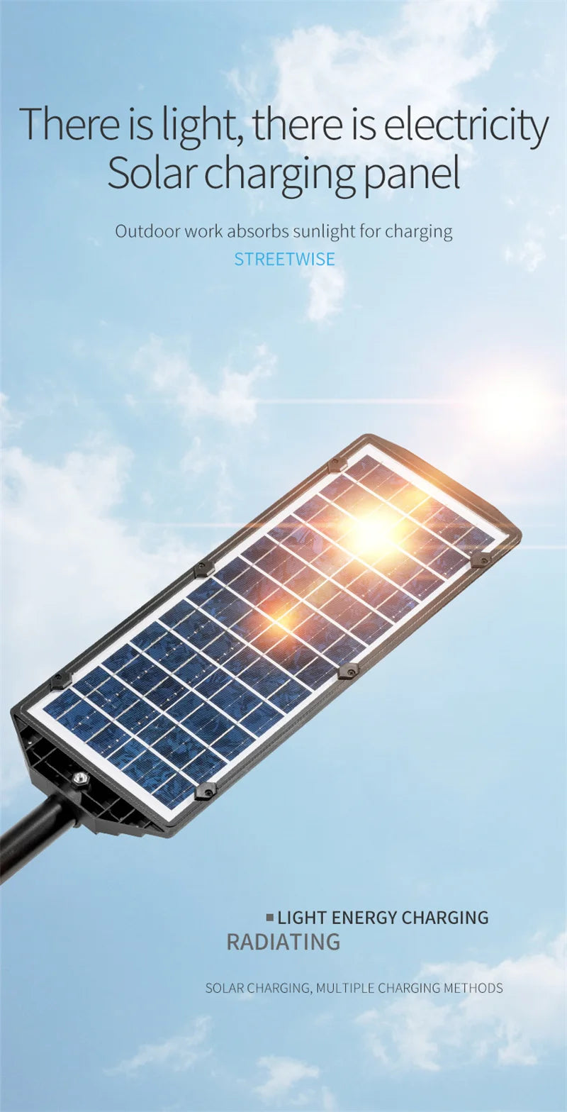 15000LM Solar Street Light, Solar-powered street light charges during the day, converting sunlight to power at night with reliable multiple charging methods.