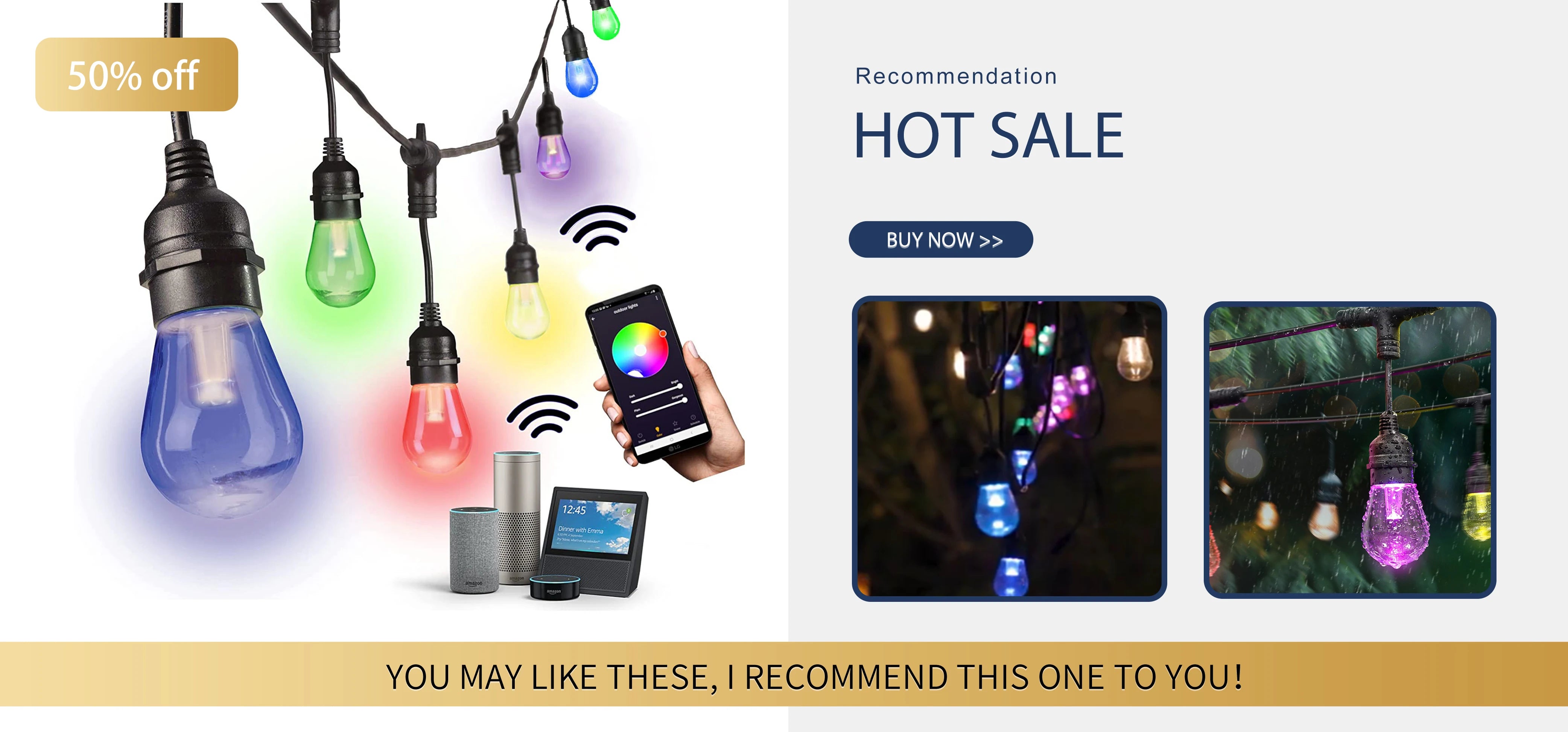 Outdoor party lighting - LED string lights with 50% discount, ideal for weddings & holidays.