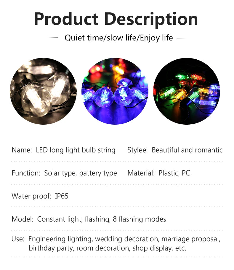 LED Solar String Lights with flashing modes and water-resistance for outdoor use on patios, gardens, and special events.