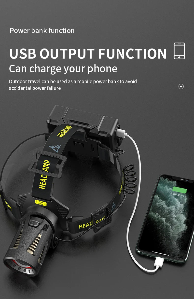 Power bank headlamp charges phones via USB during outdoor adventures.