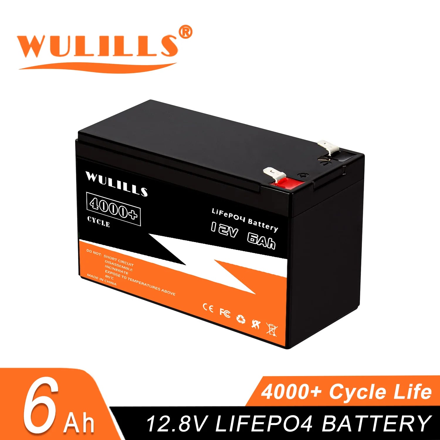 WULILLS 12V 6Ah LiFePo4 Battery, High-capacity LiFePo4 rechargeable battery with 4000+ cycle life, suitable for kid scooters, boat motors, and more.