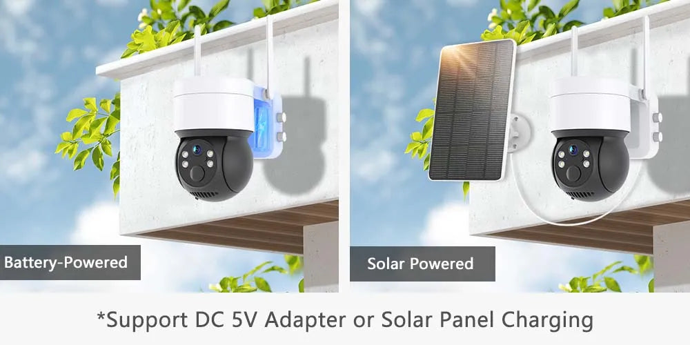 Solar Camera, Powered by rechargeable battery or solar panel, with optional DC 5V adapter for charging.