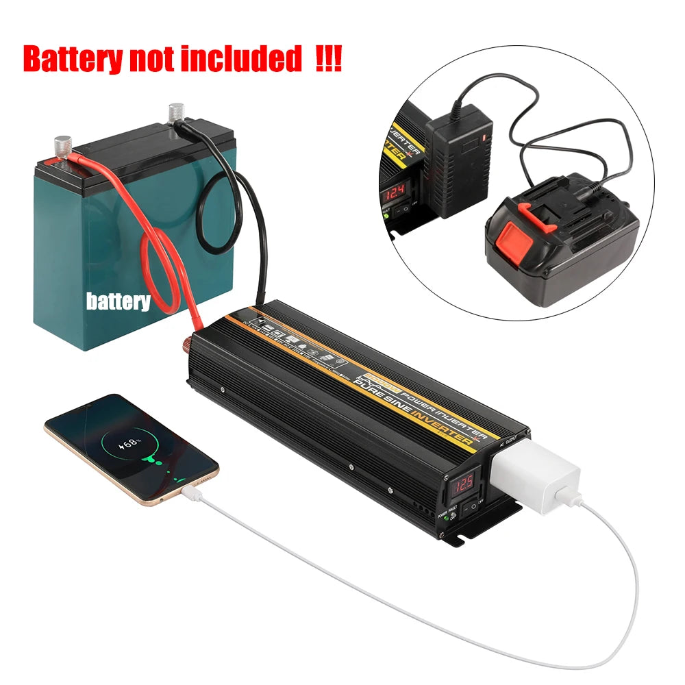 Pure Sine Wave Inverter, Compatible with 42Ah or 72Ah batteries, but battery not included.