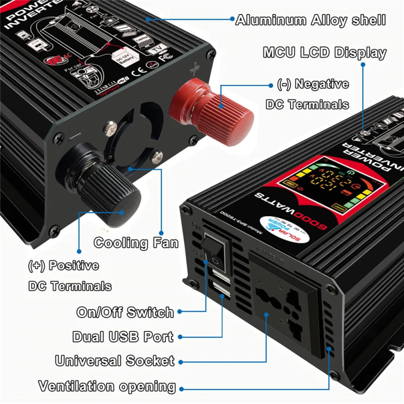 Car inverter with aluminum shell, LCD display, cooling fan, and multiple ports for safe charging.