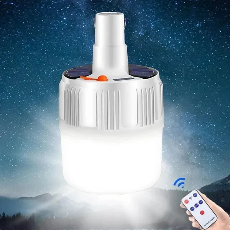 Solar Light, Energy-saving LED lamp with rechargeable battery and adjustable light modes.