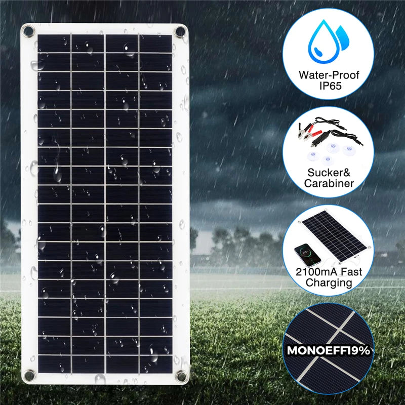 300W Flexible Solar Panel, Waterproof design with suction cup and carabiner for easy mounting and fast 2100mAh charging.