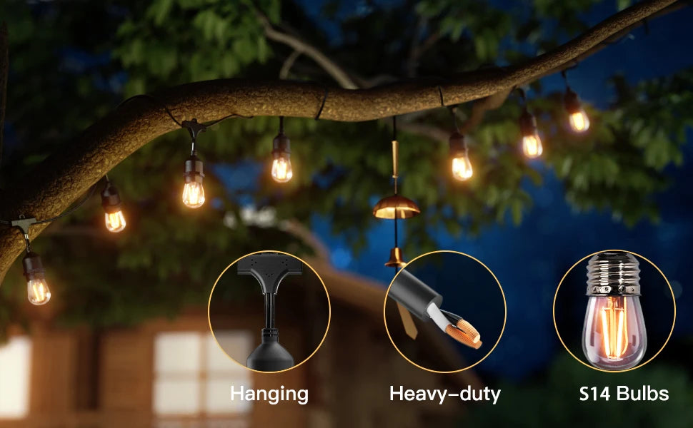 Waterproof LED string lights for outdoor use, available in 10m, 20m, and 30m lengths.
