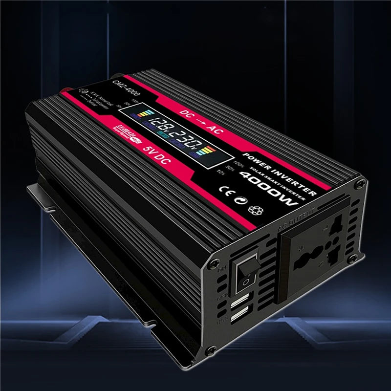 4000W LCD Display Solar Power Inverter, Converts 12V DC to 110V/220V AC with modified sine wave and features LCD display and USB port.