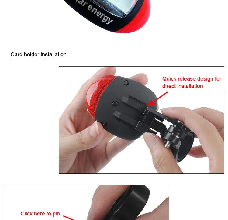 Solar Bike Light, Easy installation with quick-release design for direct mounting, eliminating the need for pins or tools.