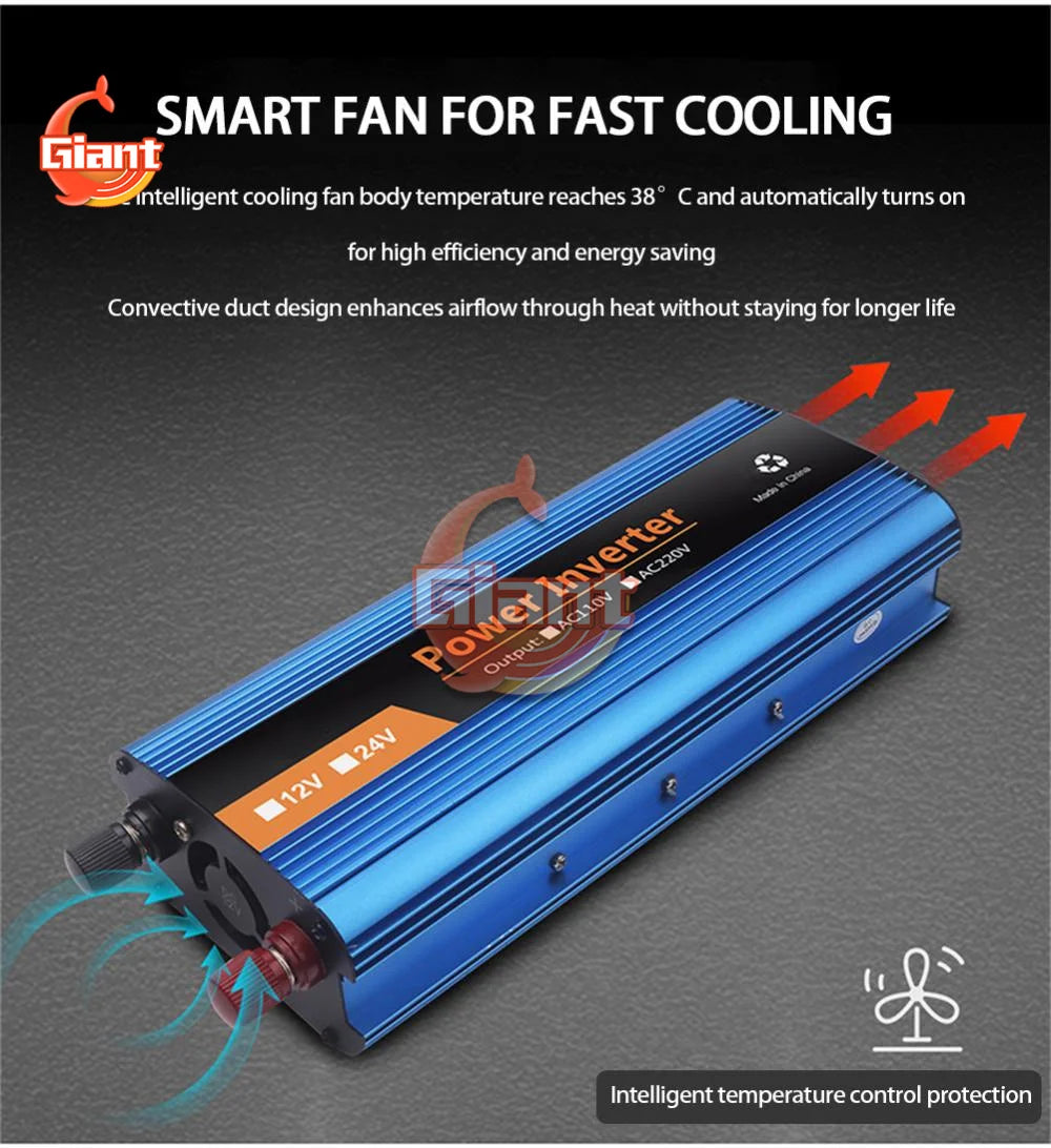 6000W Corrected Sine Wave Inverter, Efficient cooling fan that quickly cools to 38°C with automated startup for energy-saving performance.