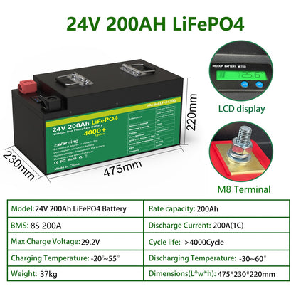 Batteria LiFePO4 24V 5KW - Batteria solare al litio 29,2V 200AH 6000+ cicli Max 32 in parallelo con RS485/CAN Com per inverter 24V