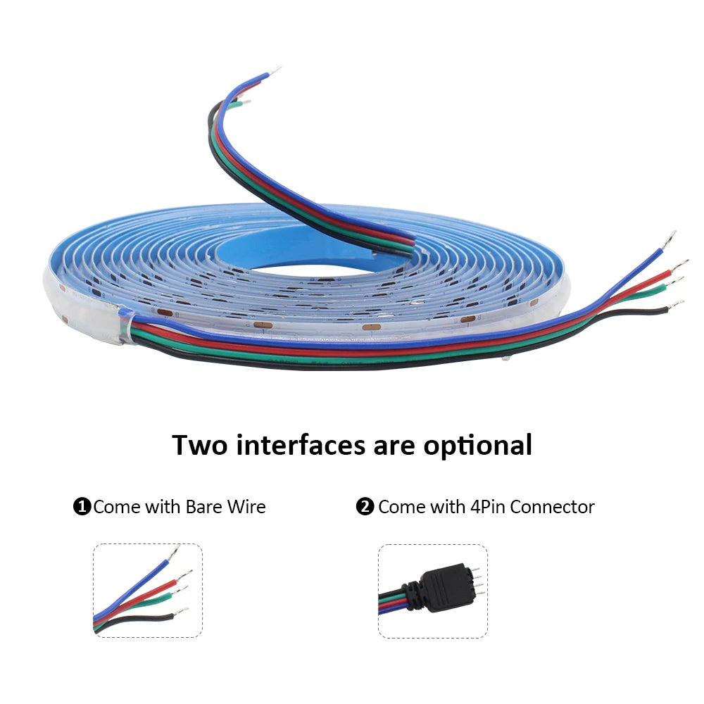 RGB COB LED Strip Light, Features two interface options: bare wire or 4-pin connector for easy installation.