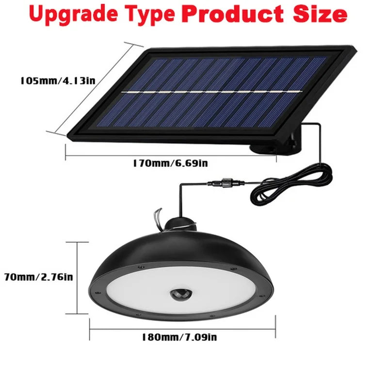 Waterproof solar-powered chandelier with remote control for outdoor use in sheds, barns, or indoor spaces.