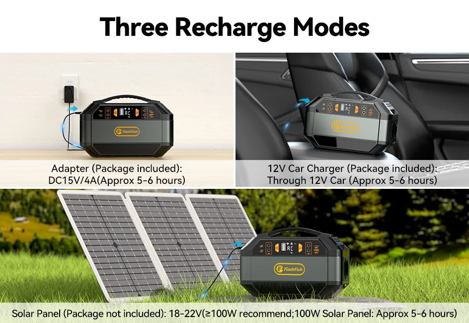 FF Flashfish P56 Solar Generator, Recharge options: DC input, car charger, and solar panel (10W recommended)