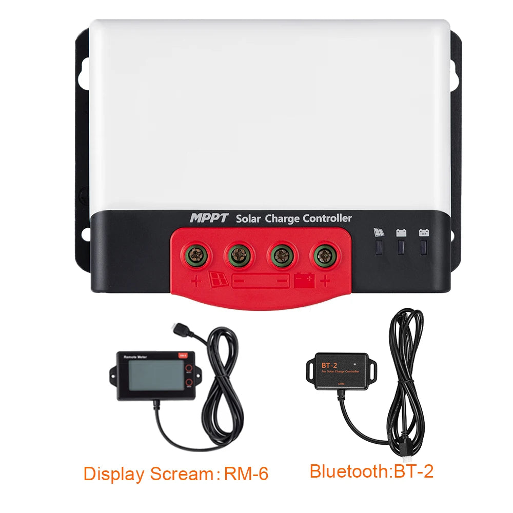 SRNE MPPT Solar Charge Controller, MPPT solar charge controller with Bluetooth connectivity for remote monitoring, featuring a BT-2 display.