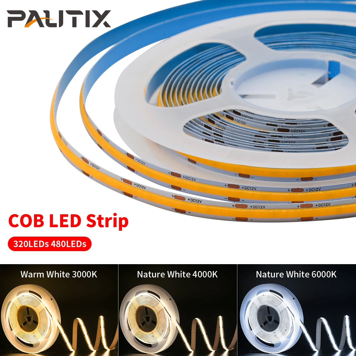 PAUTIX COB LED Strip Light, High-density LED strip with 320-480 LEDs, offering warm/cool white options, flexible design, and linear dimming.