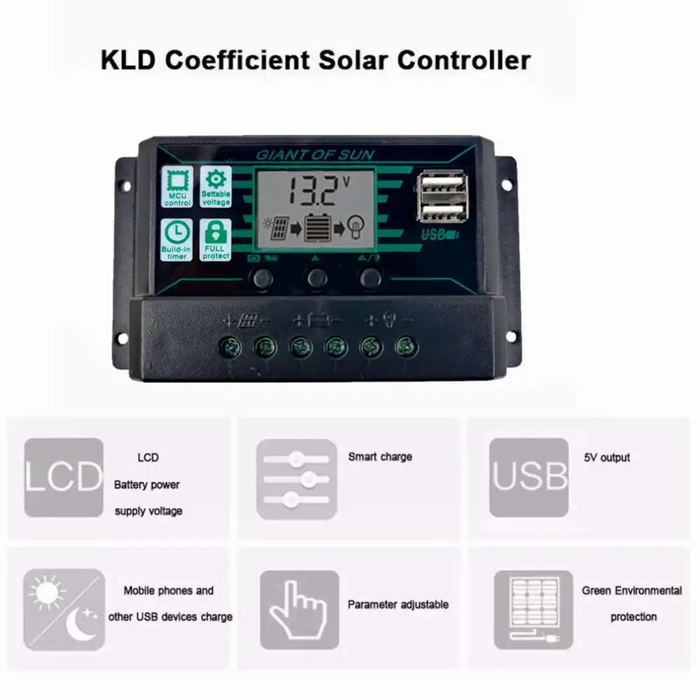 MPPT/PWM Solar Charge Controller, Regulates solar charging with LCD display, smart control, and overcharge protection for optimal power supply to devices.
