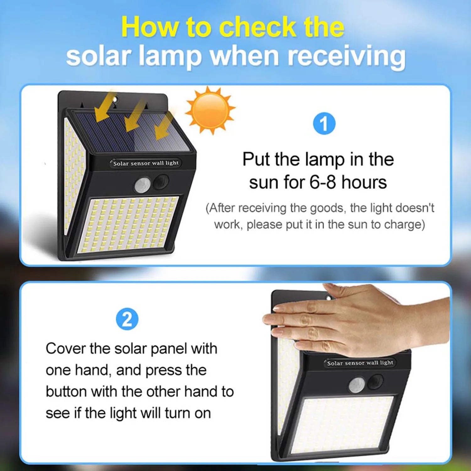 230 LED Solar Outdoor Garden Light, Activate solar lamp by placing in direct sunlight for 6-8 hours or use manual activation method.