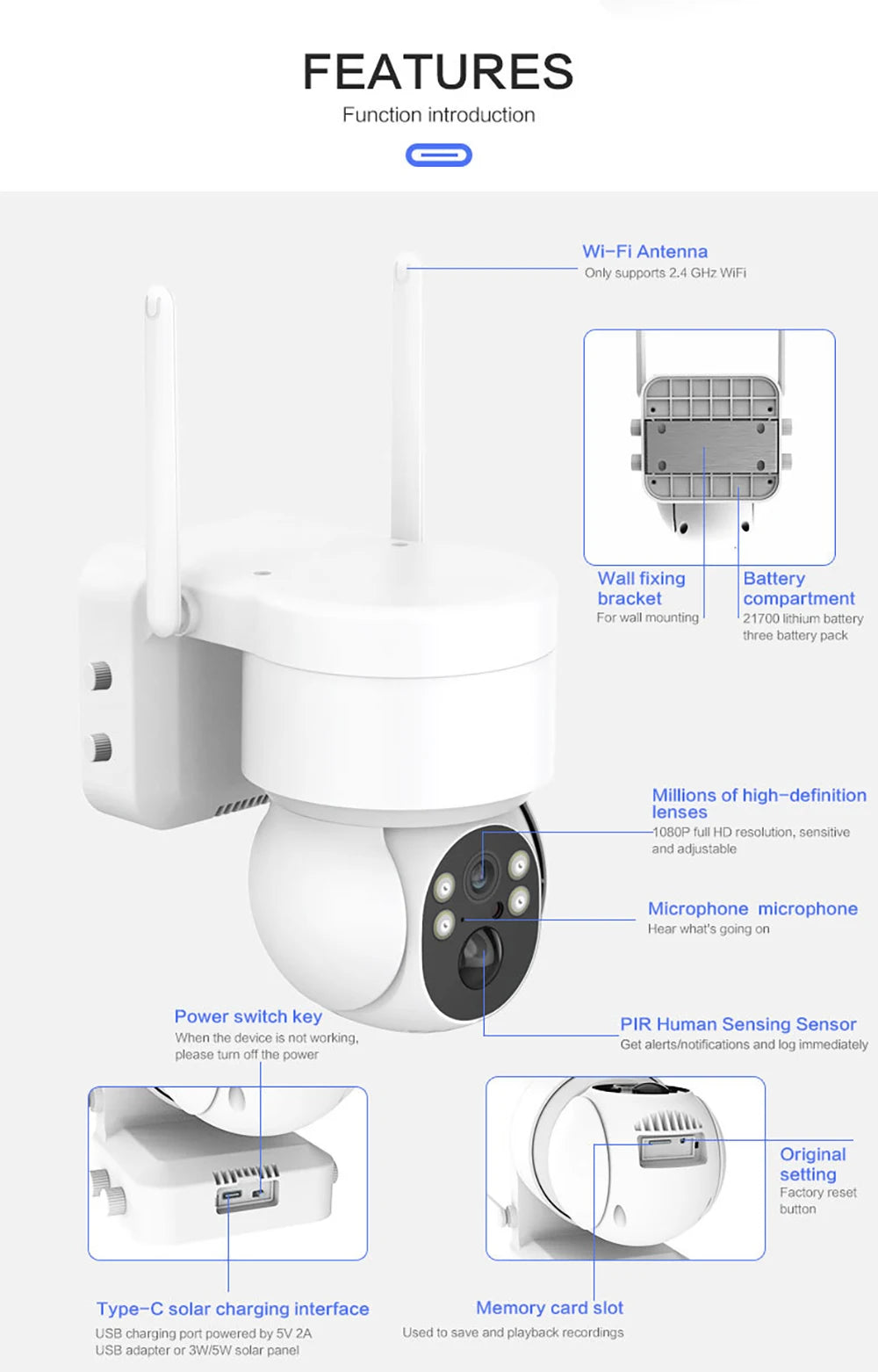 Solar PTZ Camera, Wireless solar-powered outdoor surveillance camera with 1080P resolution and human detection, ideal for home security.