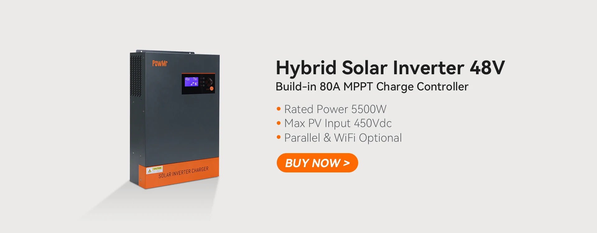 PowMr Solar Inverter, Hybrid solar inverter with 48V, 30A rating, 5500W power, and WiFi option for remote monitoring.