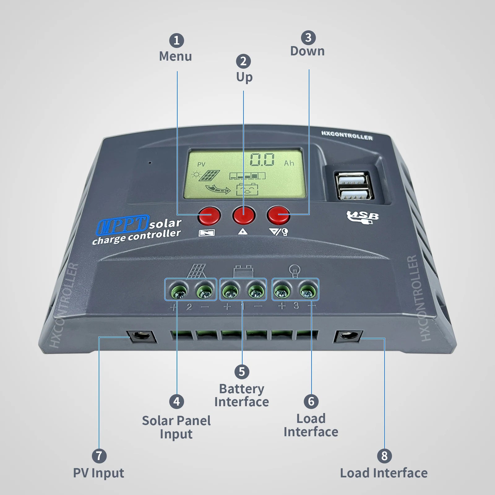 MPPT 720W 480W 360W 240W Solar Charge Controller, Smart solar charge controller with menu, buttons, and display for monitoring solar power and battery levels.