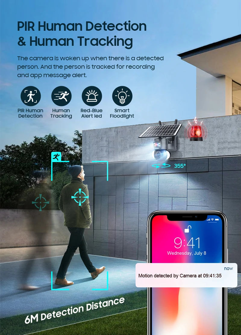 INQMEGA 5MP External Security Camera, Person detected, camera tracks and records, sends alert to app.