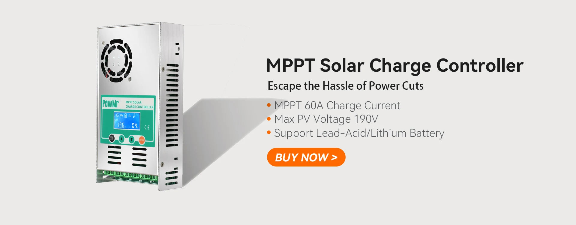 PowMr Solar Charge Controller, Solar Charge Controller with MPPT tech for lead-acid and lithium batteries, 60A charge current, 190V PV voltage.