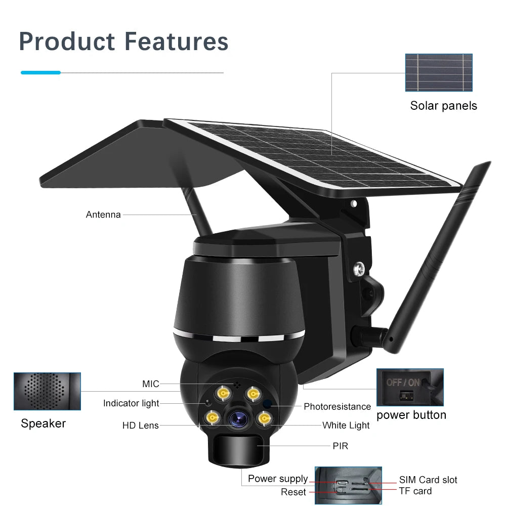 4G 5MP Outdoor Solar Panel Camara, Outdoor camera features solar panels, antenna, microphone, and advanced sensors for motion detection and night vision.