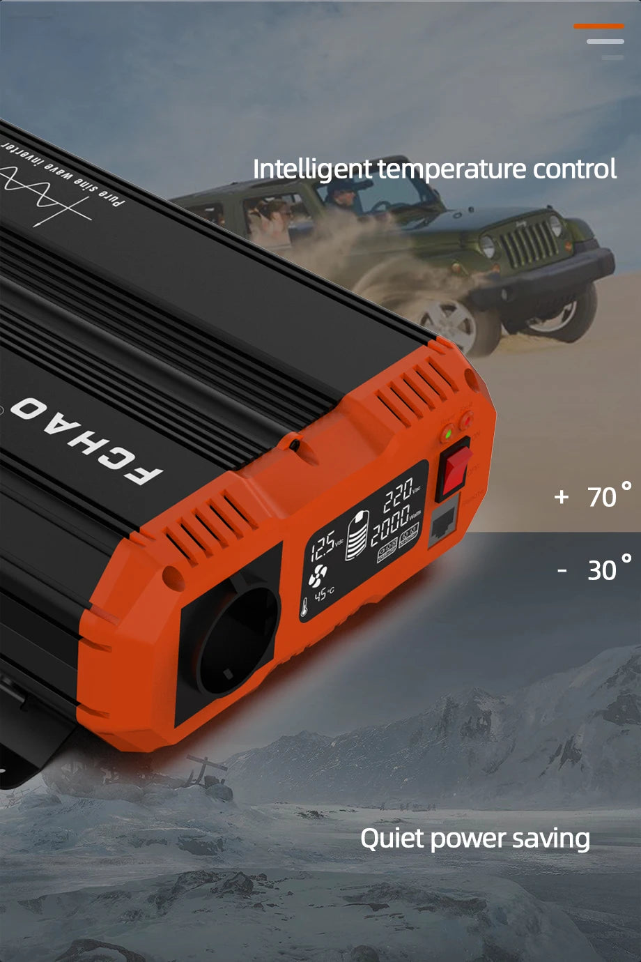 FCHAO 2400W Solar Panel Inverter, High-quality inverter for RVs and trucks, featuring pure sine wave, temperature control, and energy-saving technology.