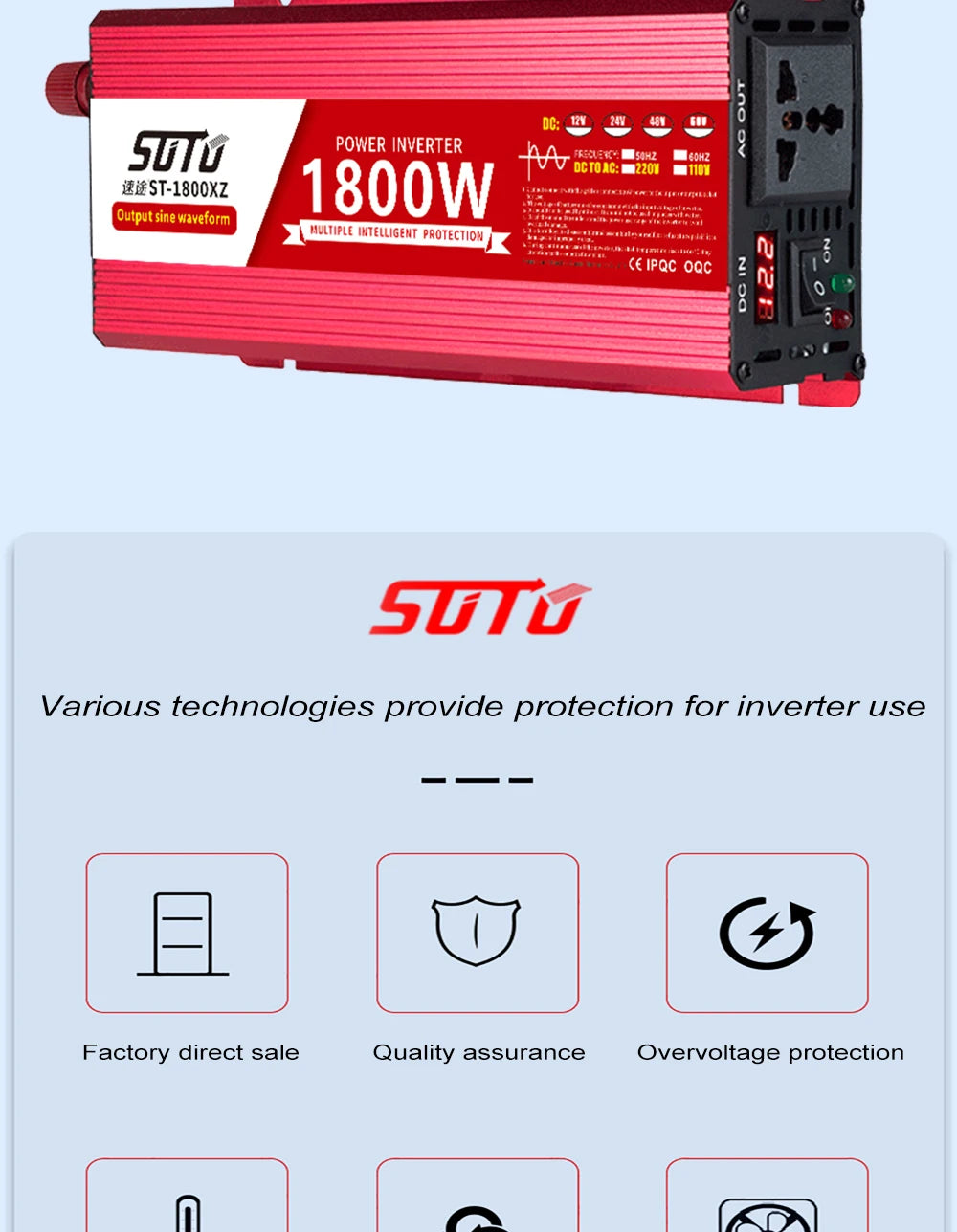 Pure Sine Waveform Universal Inverter, Pure Sine Wave Inverter converts DC power, outputs 1800W-3000W, with LCD screen and overvoltage protection.