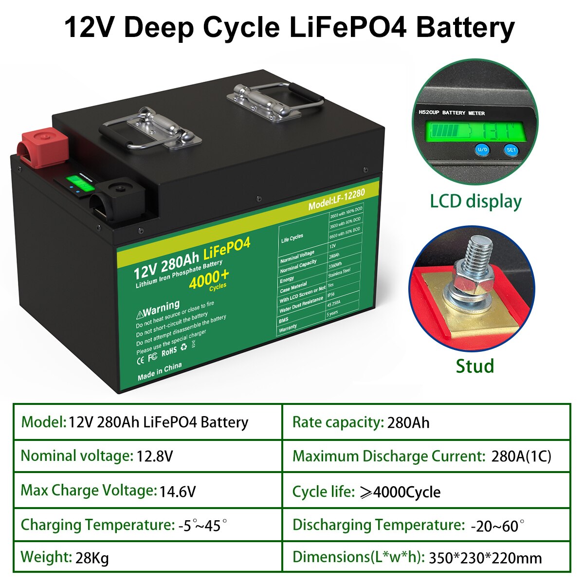 Paquete de batería LiFePo4 12V 280AH 360AH - 6000+ Ciclos Células de grado A completamente nuevas Construido en BMS para RV Boat Solar-10 años de garantía Sin impuestos