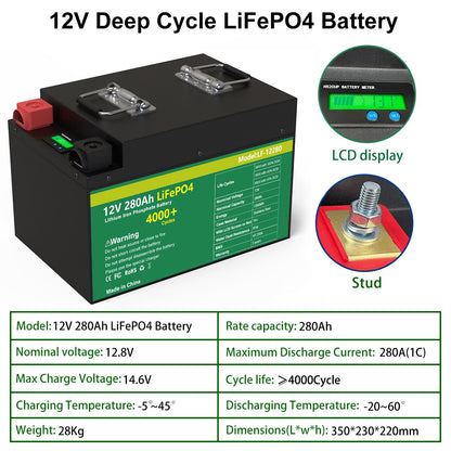 LiFePo4 Battery Pack 12V 280AH 360AH - 6000+ Cycles Brand New Grade A Cells Built in BMS For RV Boat Solar-10 Year Warranty No Tax