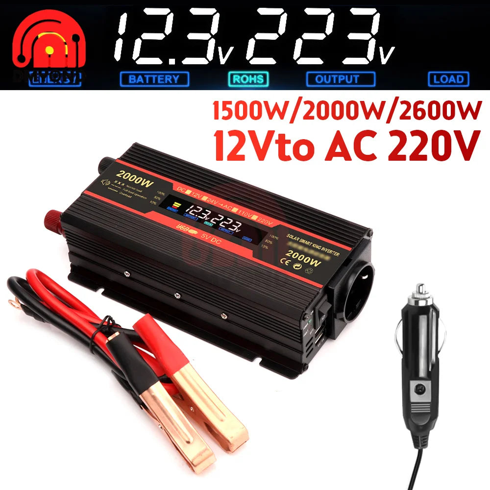 1500W/2000W/2600W Inverter, Pure sine wave inverter converts 12V battery DC power to 220V AC power, suitable for solar and car applications.