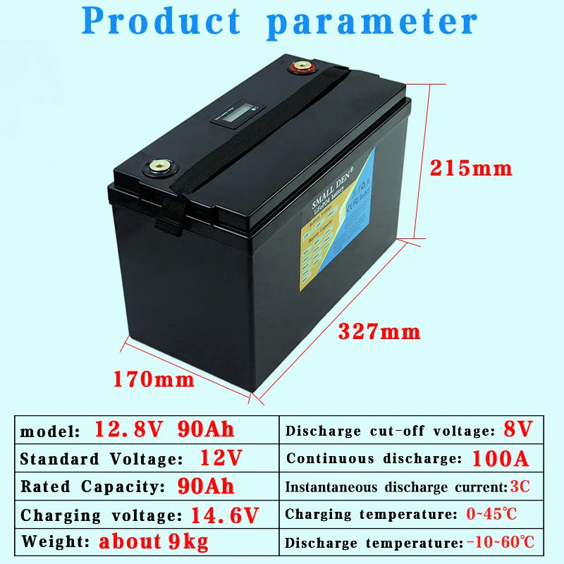 12V 160Ah 120Ah 100Ah 90Ah LiFePO4 battery, LiFePO4 battery with 12V, 90Ah capacity and dimensions of 215mm x 327mm x 170mm.