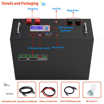 LiFePO4 48V 300Ah 200Ah 100Ah Battery Pack - 15Kw 6000 Cycle 16S BMS 51.2V RS485/CAN PC Control Off/On Grid Solar Storage Battery