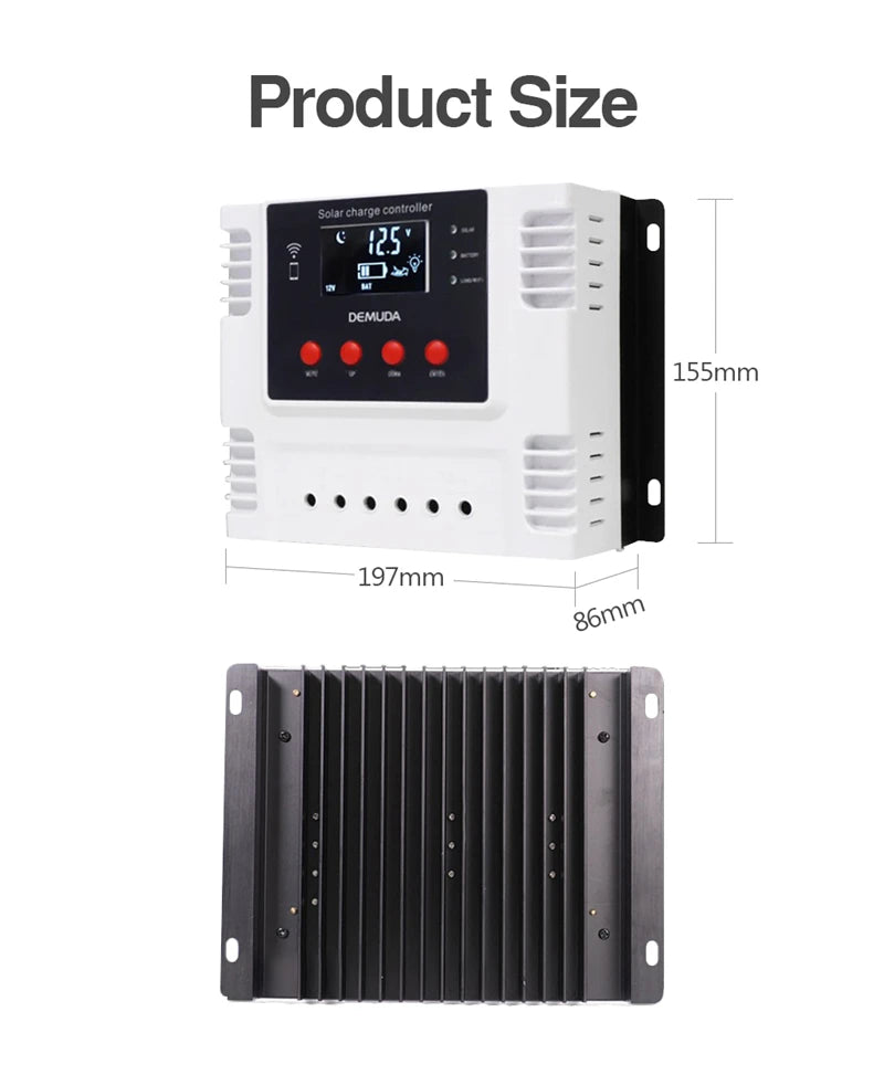 12V 24V 48V 40A 60A Solar Charge Controller, Dimensions: 155mm x 197mm x 86mm, suitable for 25x DEMUDA solar charge controller.