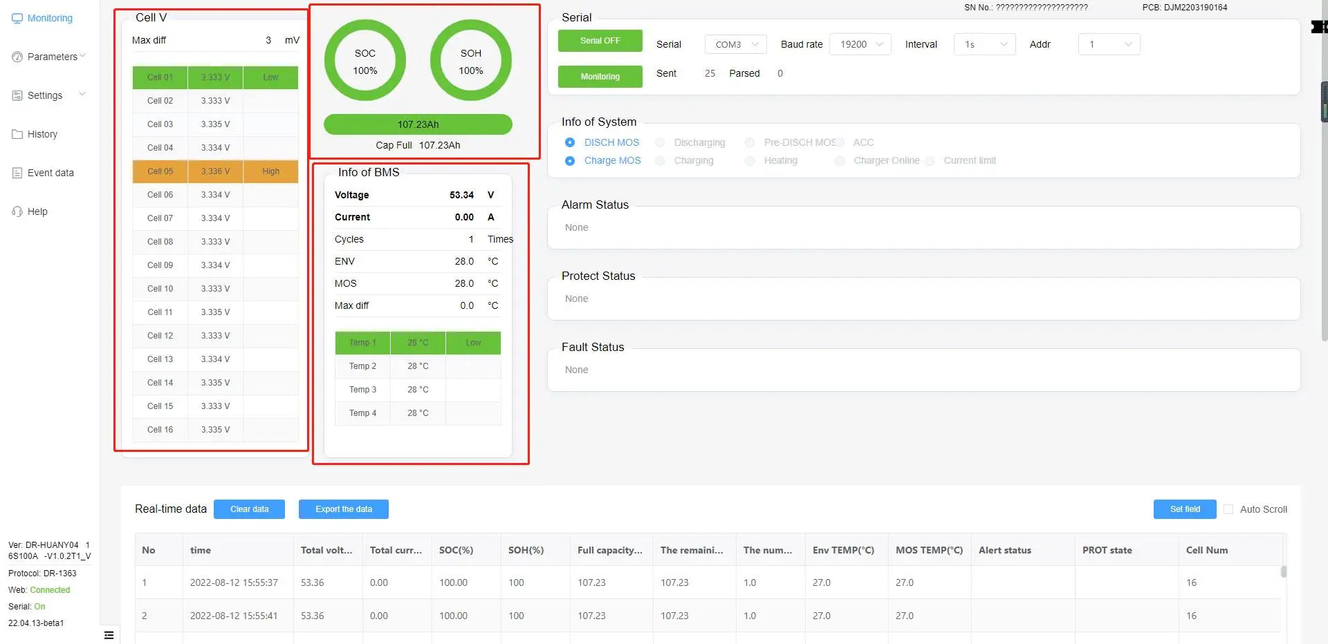 LiFePO4 48V 5KW Battery, LiFePO4 battery pack specifications and monitoring data, including voltage, current, and temperature.