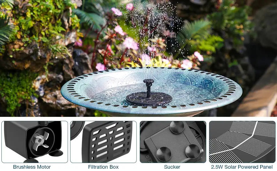 2.5W Solar Bird Bath Fountain, Eco-friendly bird bath fountain with solar power and adjustable nozzles.