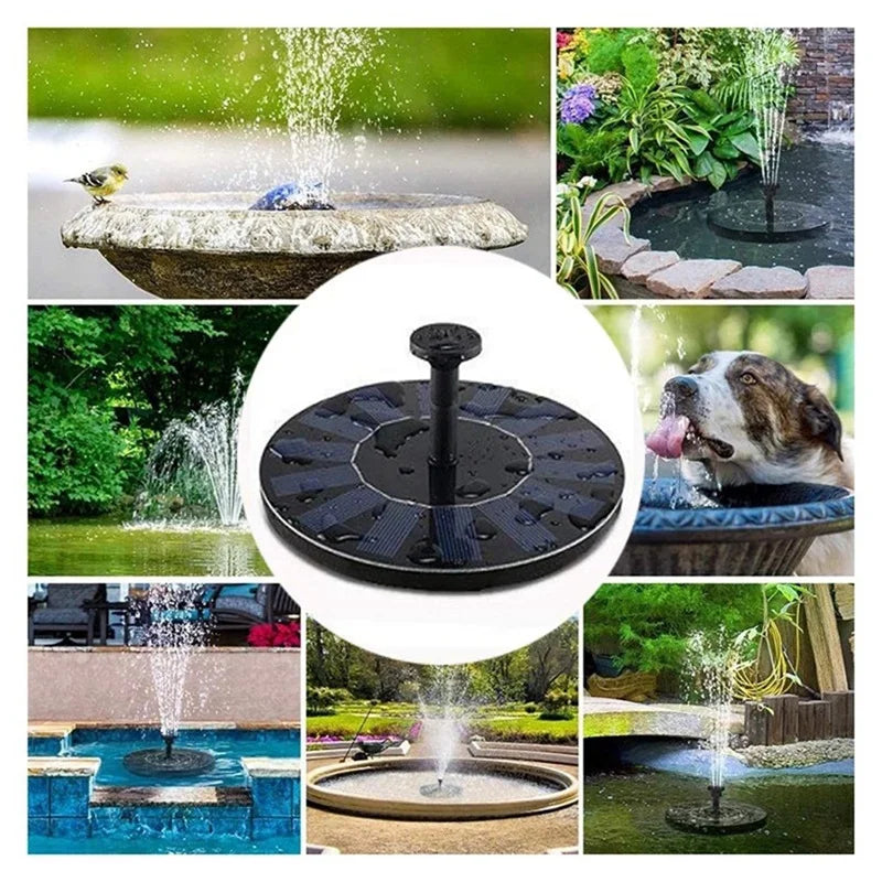 Solar Fountain, Solar-powered fountain pump with 6 nozzles for bird baths and ponds.