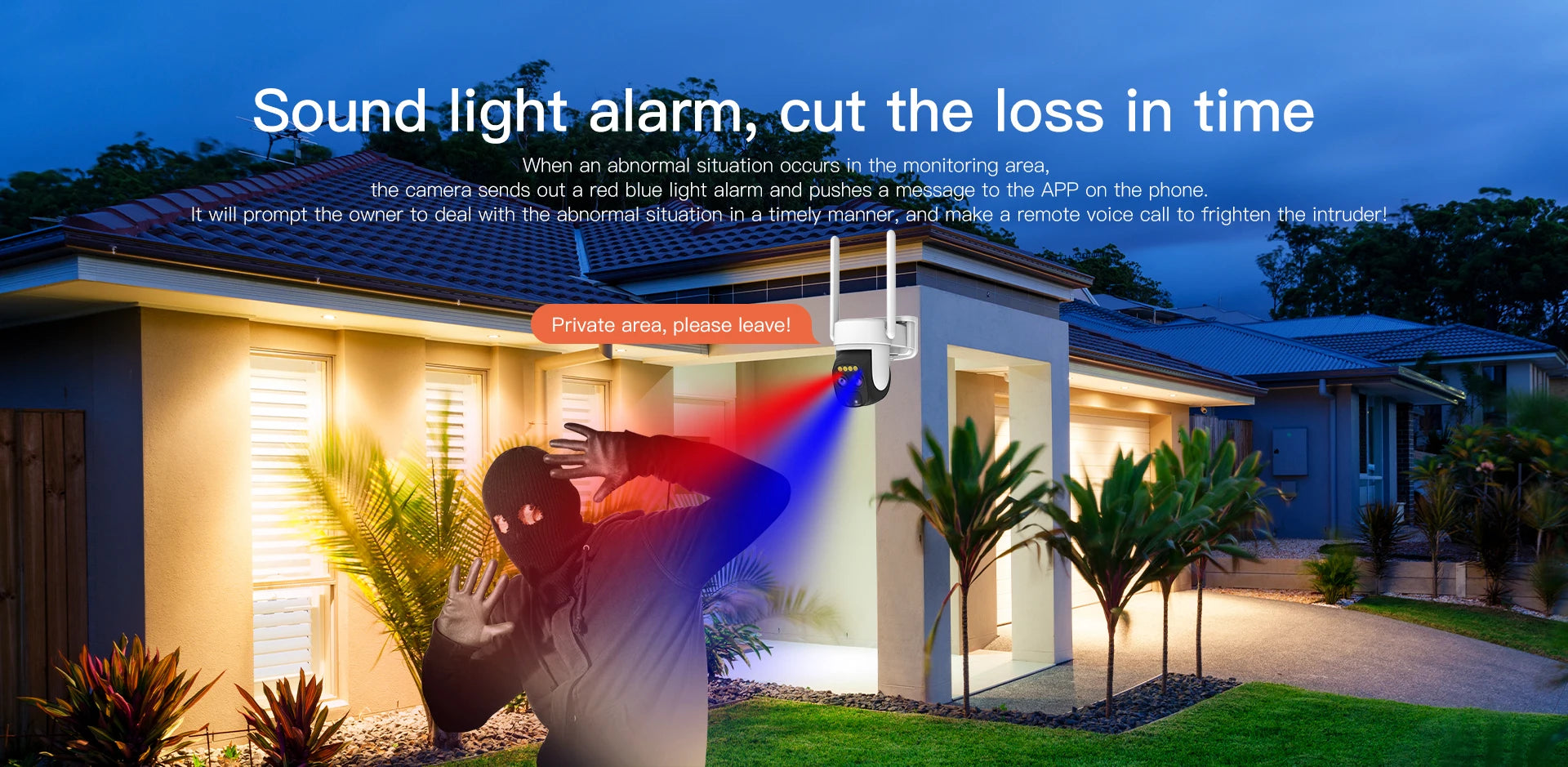 PEGATAH TI-D1W5 8MP Wireless Solar Camera, Alert system with red/blue light and app notifications for unexpected events, with remote voice calling option.