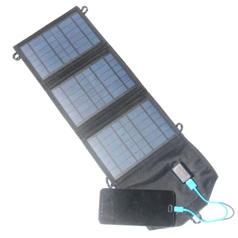 120W Foldable Solar Panel, Charge Apple devices (except iPads) directly via USB, but use an adapter for iPad charging.