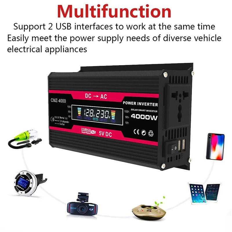 4000W LCD Display Solar Power Inverter, Supports two USB interfaces for powering multiple devices simultaneously.