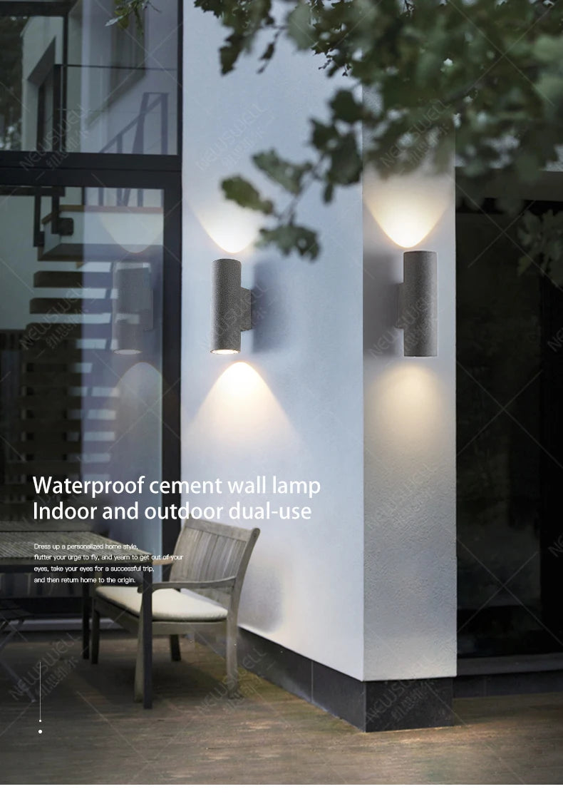 Waterproof LED wall lamp with dual-head spotlight for indoor/outdoor use.