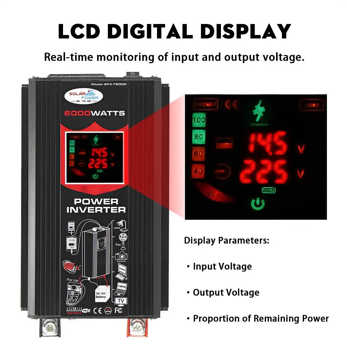 Solar power inverter converts 12V to 110V/220V with real-time monitoring on LCD display.