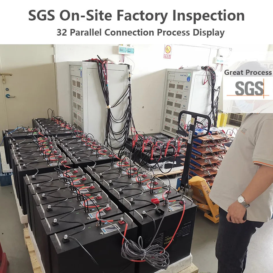 LiFePO4 48V 300Ah 200Ah 100Ah Battery, Reliable Performance: 32-Parallel Connection Process for Efficient SGS On-Site Factory Inspection