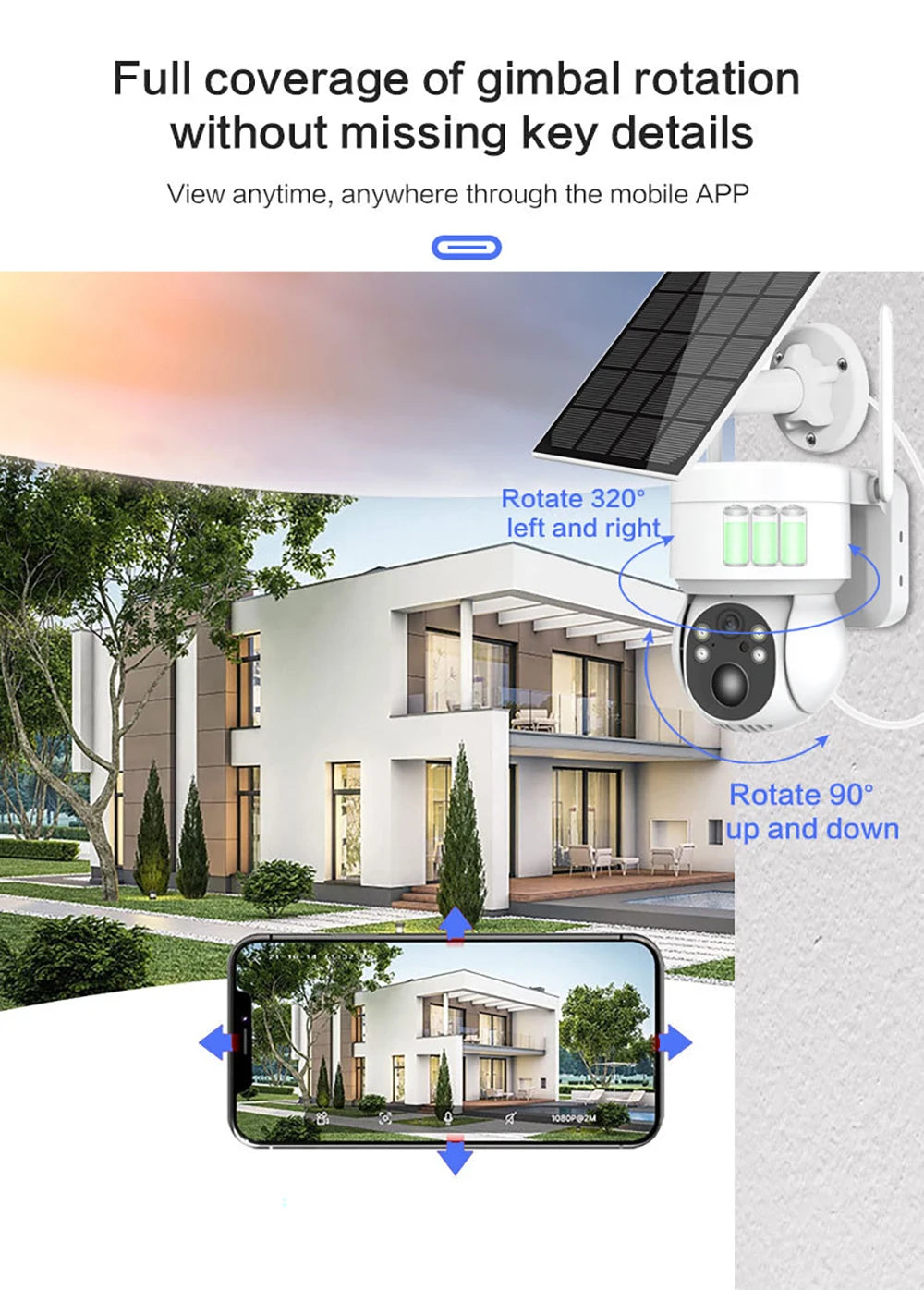 Solar PTZ Camera, Panoramic views, tilt and pan remotely with a mobile app.